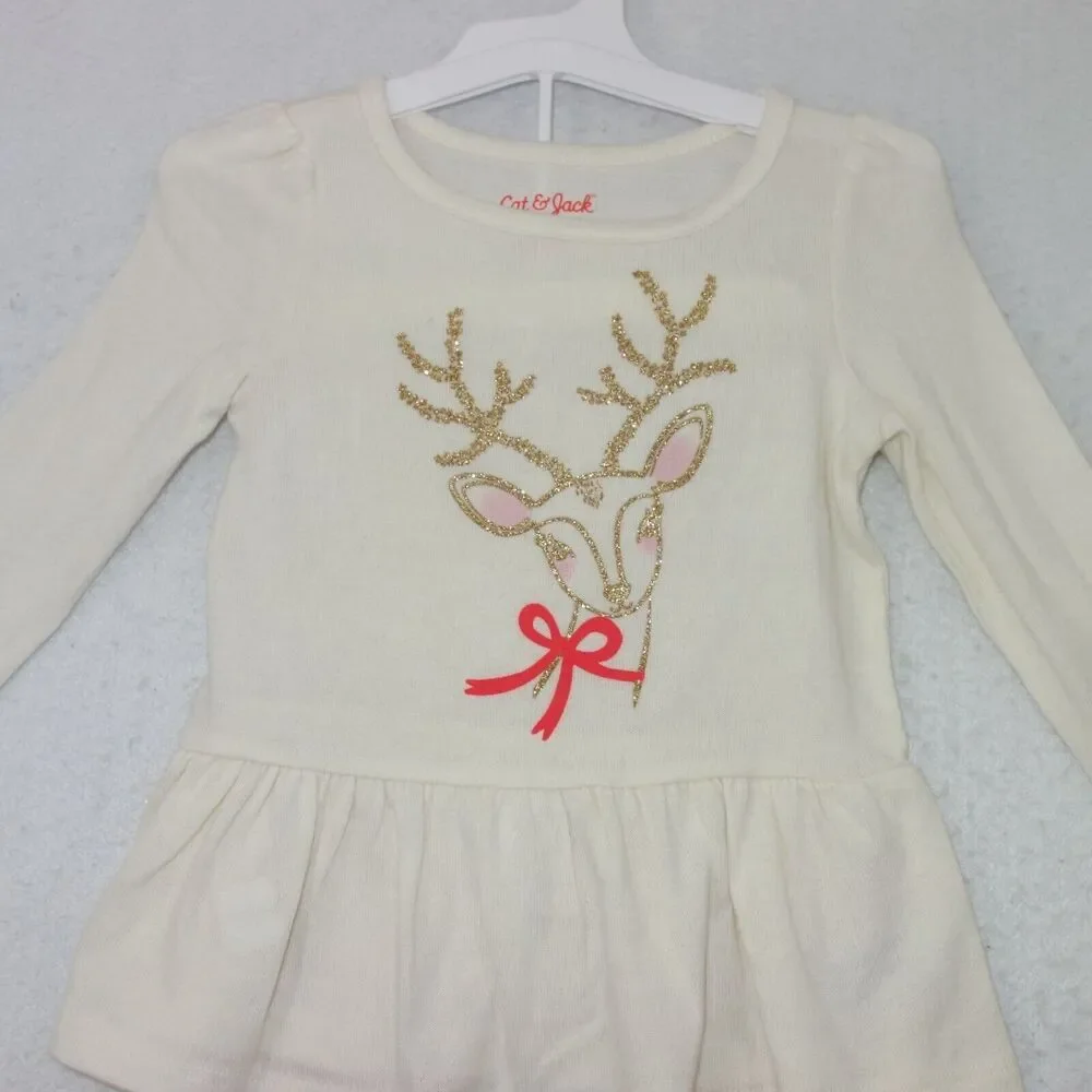 NEW Cat & Jack 2 Piece Outfit Glitter Reindeer Red Stars Chrsitmas Girls 2T - Picture 3 of 7